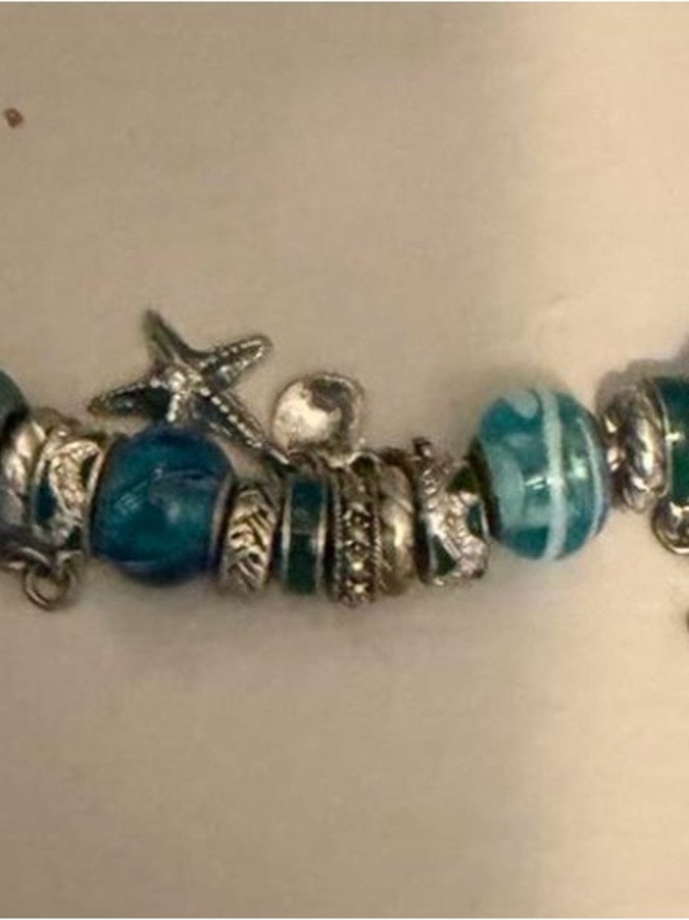 Source Unknown Silver Bracelet with Blue and Teal Glass Beads